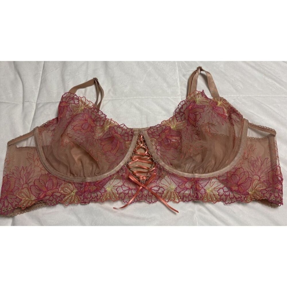 Torrid Size 3 Longline Underwire Bustier Bra Sheer Embroidered Tan Pink